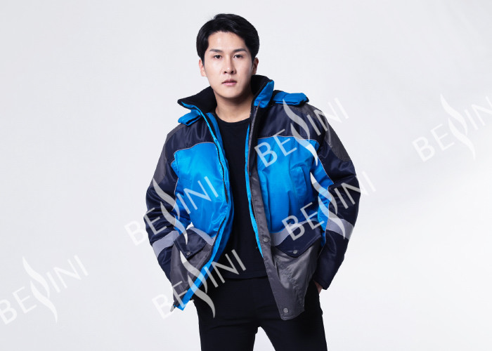 Reflective Tape Padded Winter Coat / Mens Warm Work Coats Blue And Navy