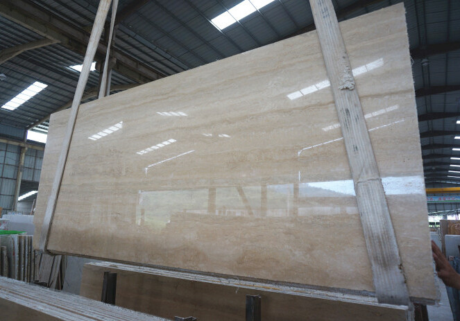 Brothers Stone Beige Travertine Wood Vein Marble Stone Slab High Polished Degree