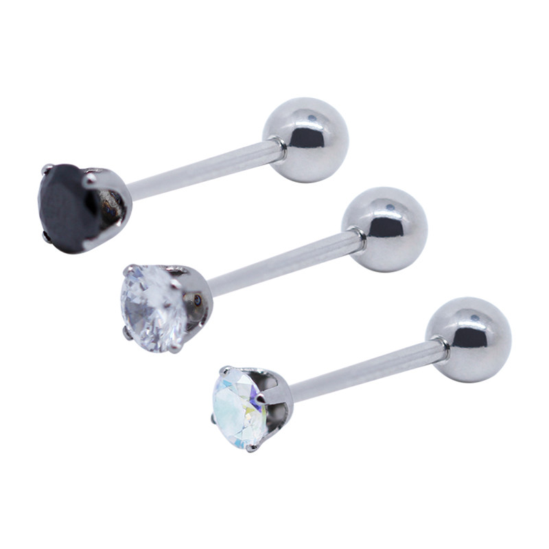 Round Zircon Stones Tongue Piercing Jewelry 14G 316 Stainless Steel
