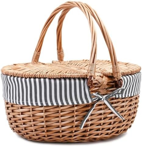 Wicker Picnic Basket with Lid and Handle Sturdy Woven Body with Washable Lining for Easter,Mother's Day,Outdoor Camping