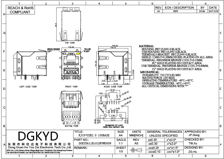DGKYD RJ45 USB Connector 100M Ethernet Port With PBT Housing