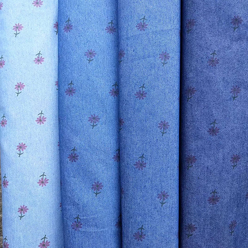 Soft Woven Flowers Pattern Printed Jean Denim Fabric 54.5 Inch