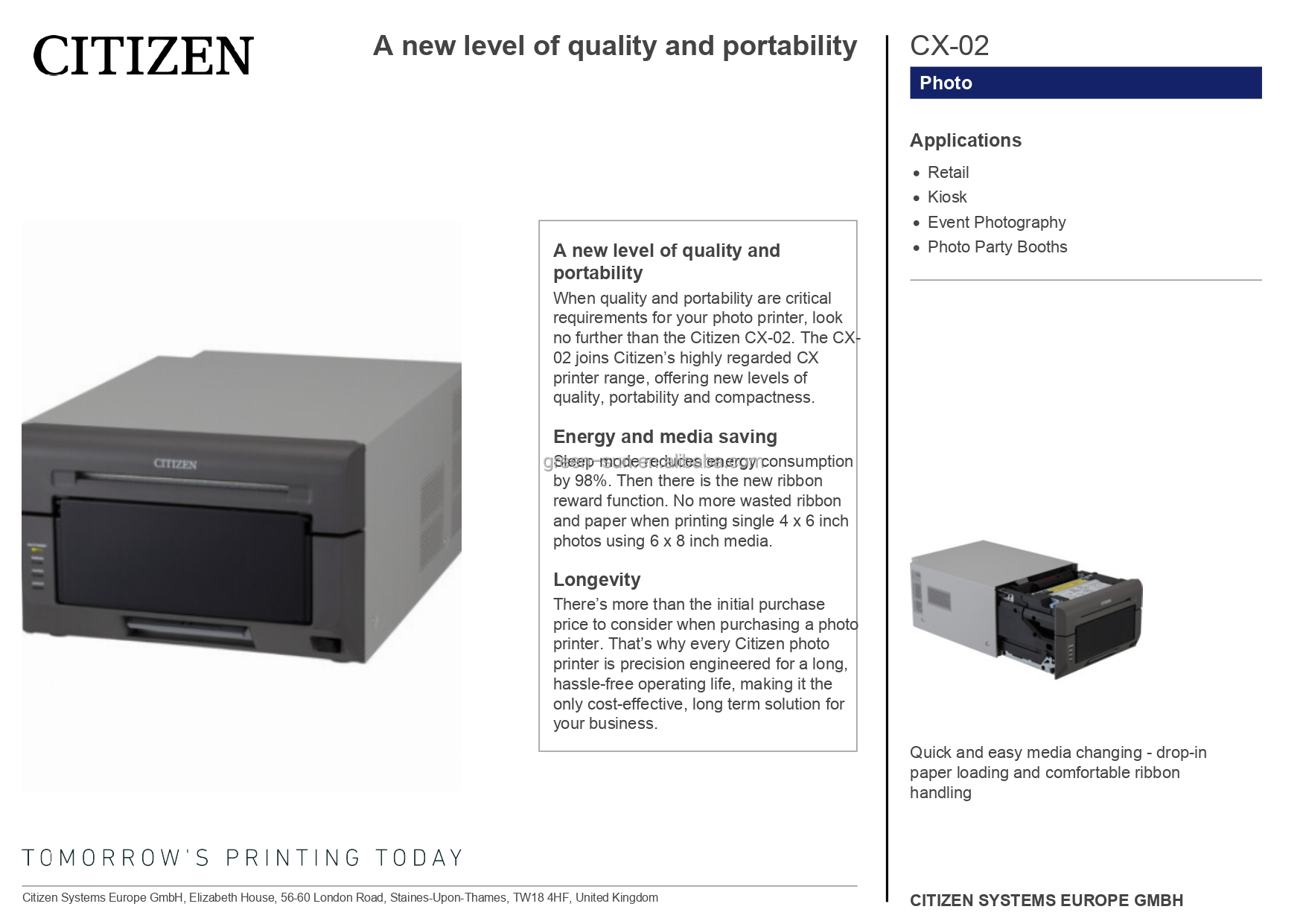 High Definition CX-02S Thermal Transfer Embedded Digital Photo Printer with USB Interface