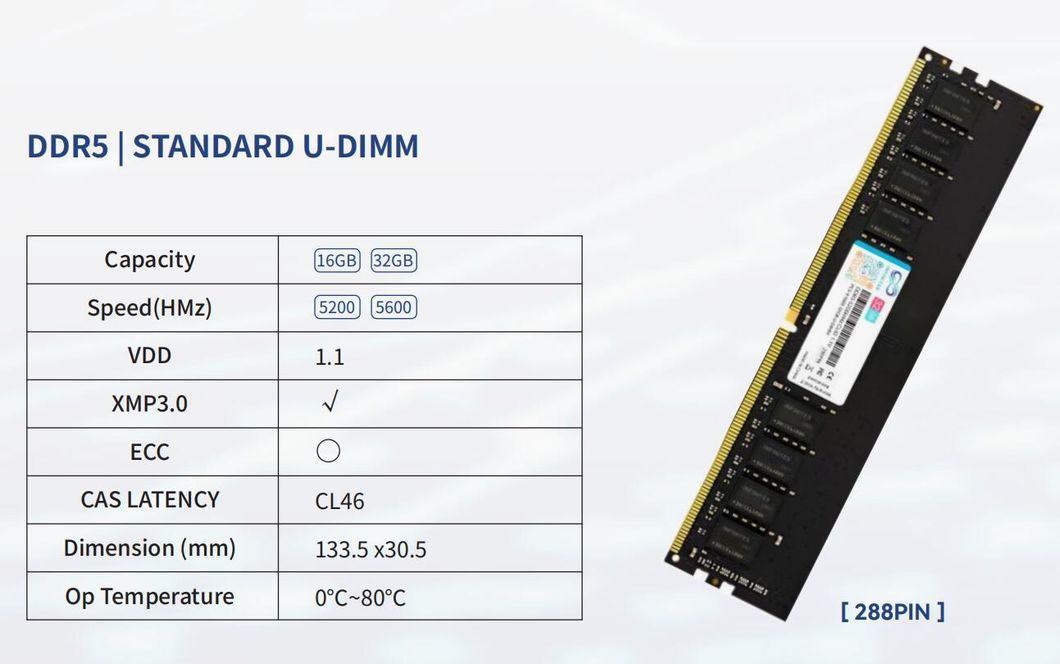 DDR5 288pin 32GB 5600MHz U-DIMM PC-44800 1.1V Non Ecc Gen 5 Memory Consumer Garde Memory Module Speed Booster Overclocking Memory Speed up to 5000MHz