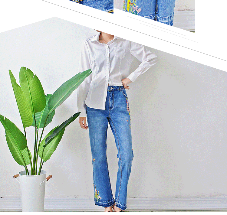 Blue Casual Embroidered Loose Fit Stretch Jeans Middle Versatile Style Bell Bottoms