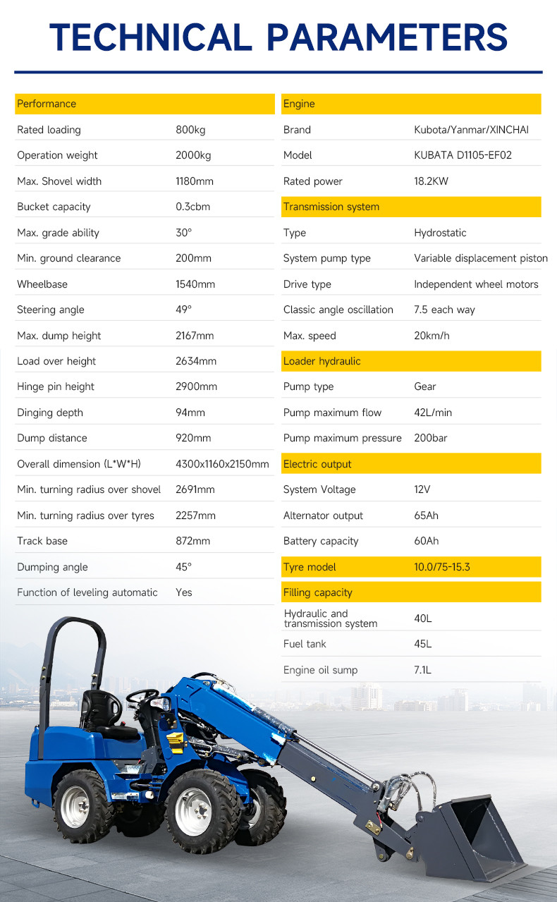 45° Dumping Landscaping Small Wheel Loader With 49° Steering Angle