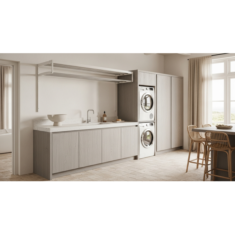 Whitewashed Ash Laundry Cabinet with Drying Rack in 304 Stainless Steel