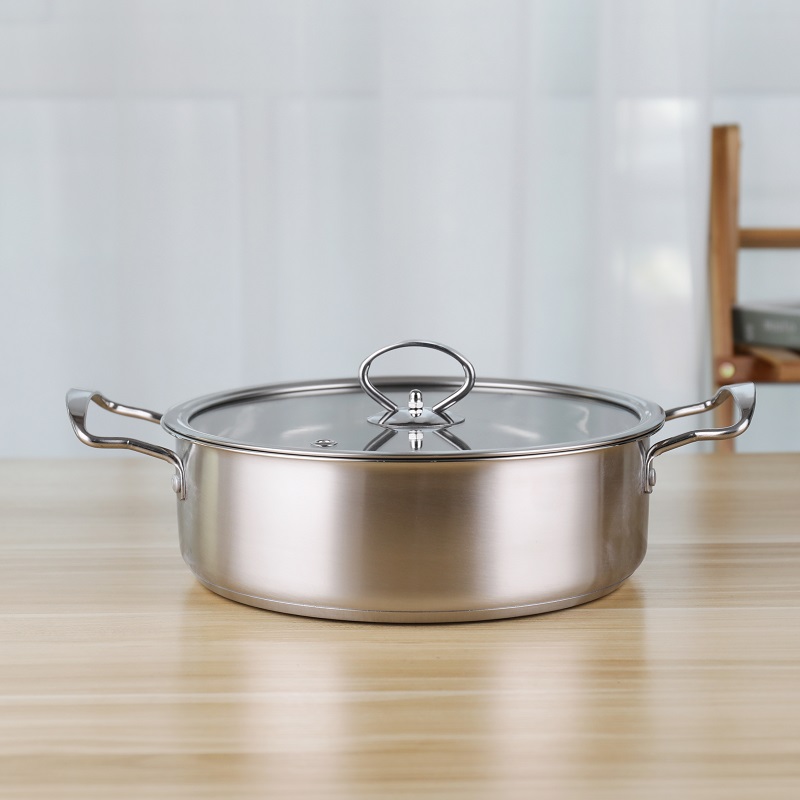Double Handle Kitchen Soup Pots 24cm Stainless Steel With Glass Lid