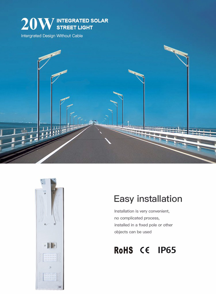 China factory High quality outdoor country road lighting ip65 smd 20w integrated all in one led solar street light