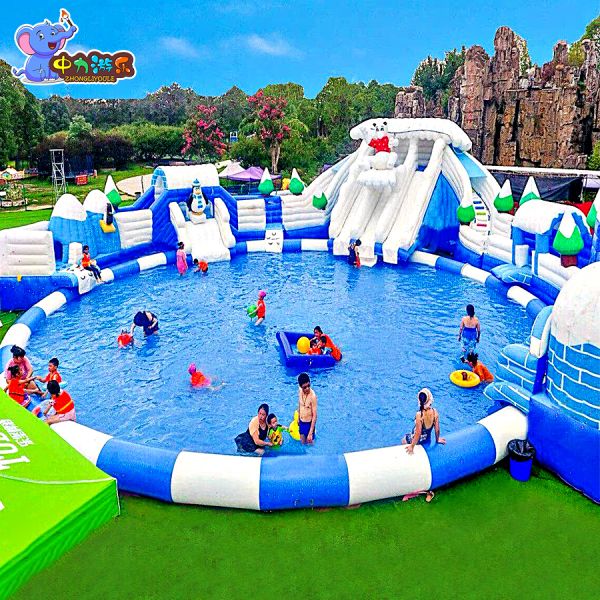 Quality 0.5mm PVC Inflatable Floating Jumping Castle Pool Slide Waterpark Interactive Amusement for sale