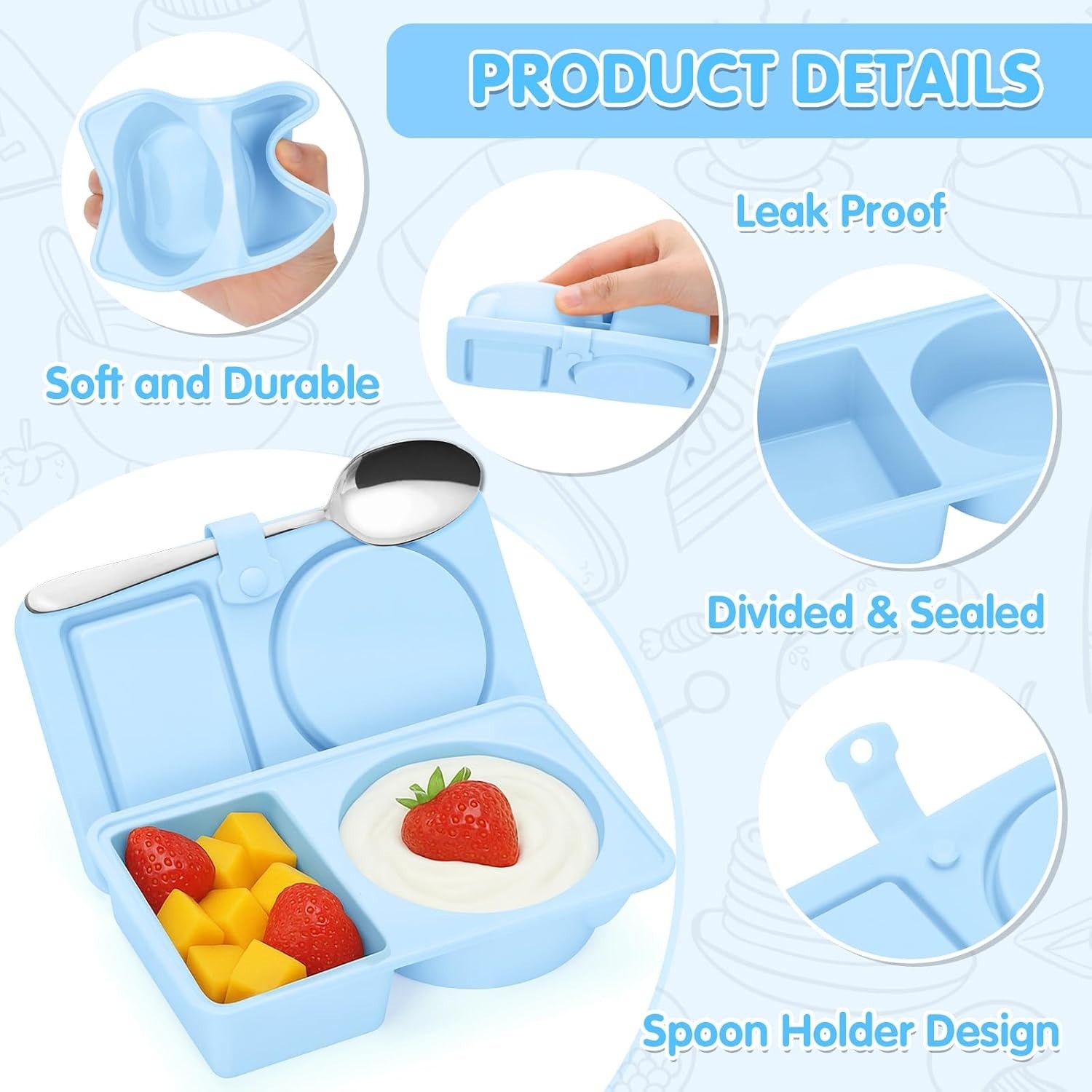 Silicone Reusable Snack Containers With Lids, 3 Pack Double/2 Compartment Snackle Box Container For Salad Sauce, Condiment Containers With Lids For