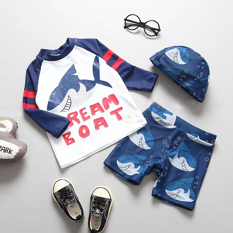 Split Blue Big Boy Swimwear Sets Shark Conservative Boy 3pcs Swimsuit Carton Print