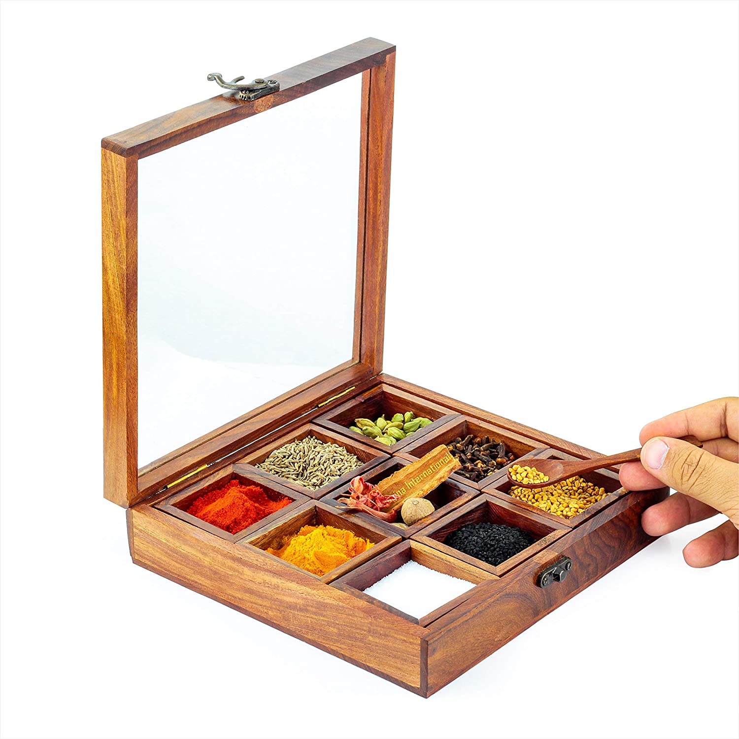8" Wooden Handcrafted Multi-Compartment Square Storage Box | Kitchen Ware Jar Container Canister For Spices/Sugar/Tea/Dry Fruits