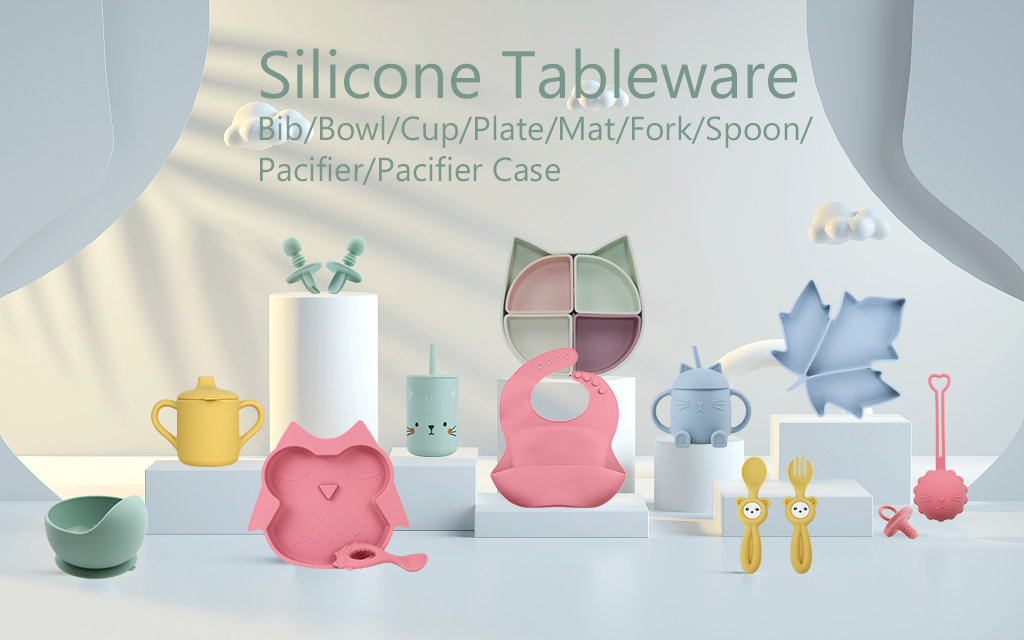 Modern Style Silicone Dinnerware Set , BPA Free Baby Silicone Plate bowl cup bib spoon fork feeding Set