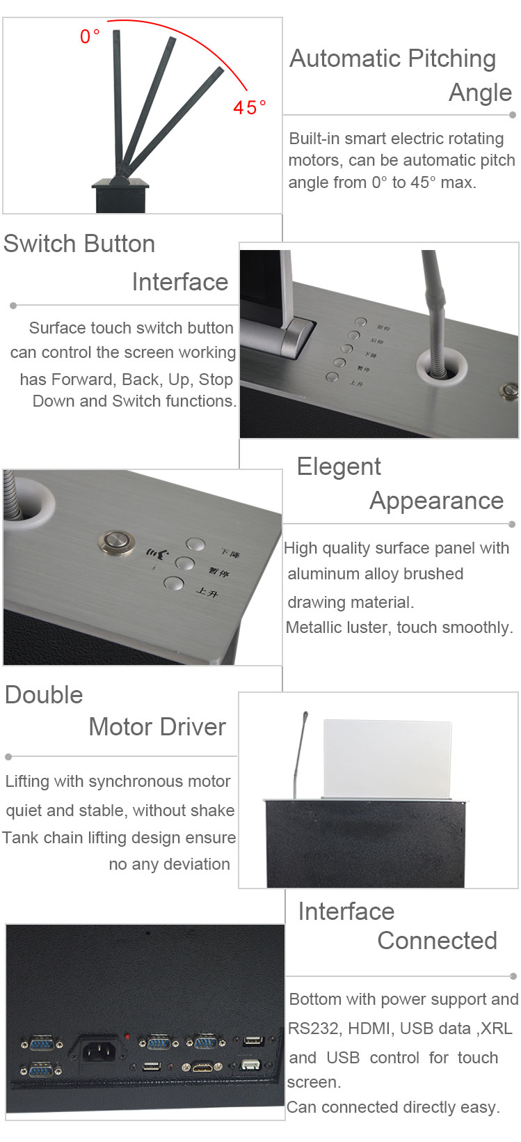BNT popular LCD monitor motorized lift mechanism with conference microphone for AV solution