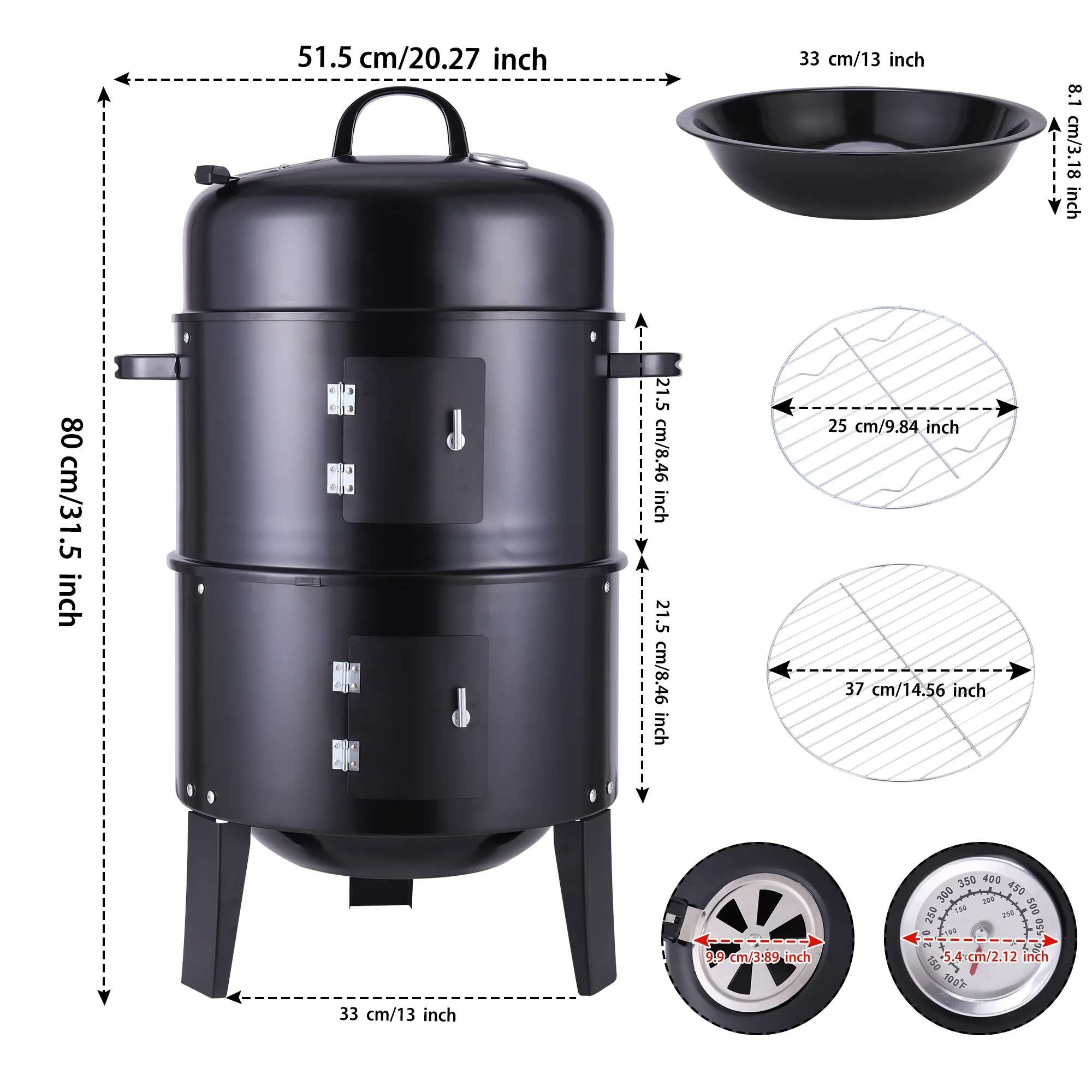 3-in-1 Heavy Duty Tower Charcoal Barbeque Grill Smoker for Outdoor Cooking Fun