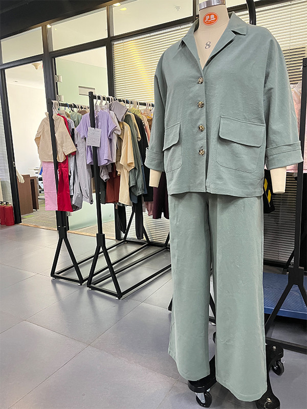 Womens Linen Cotton Green Two Pieces Comfy Long Sleeve Button Tops With Pocket Ladies Long Pants