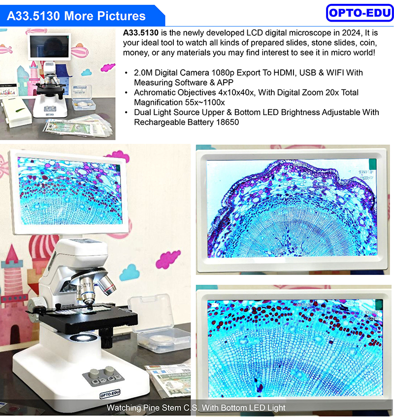 OPTO EDU A33.5130 Rechargeable Microscope With 7'' Display TF Card And Multi-Output Options
