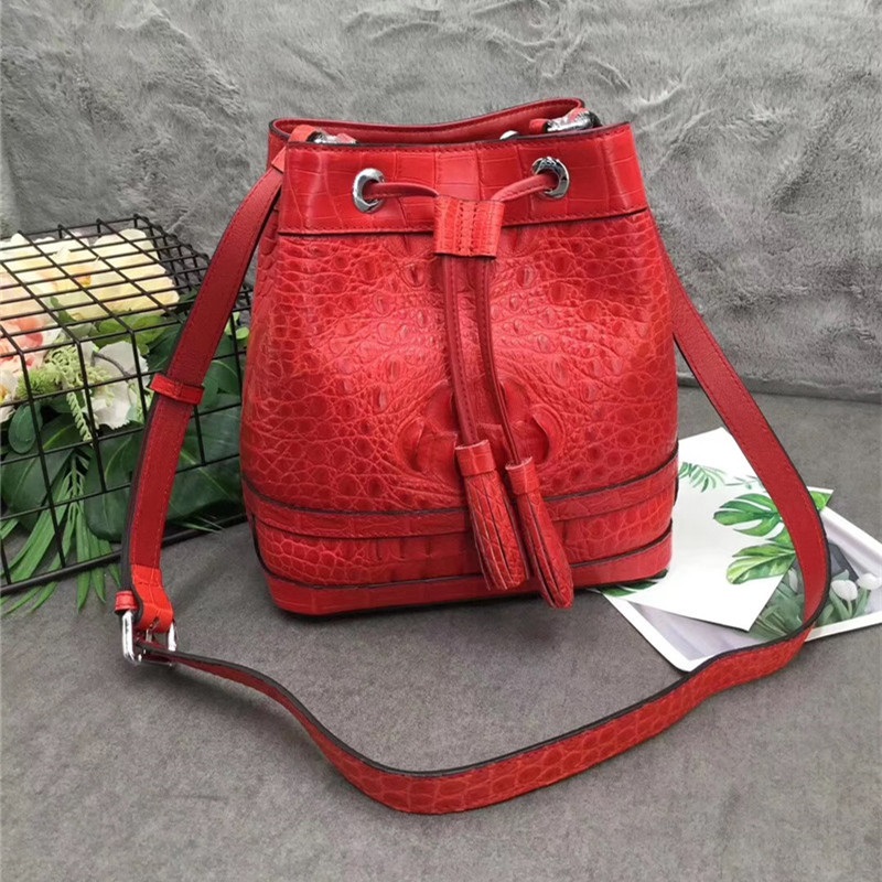 Authentic Crocodile Skin Drawstring Closure Women's Bucket Purse Exotic Alligator Leather Lady Small Tassel Shoulder Bag