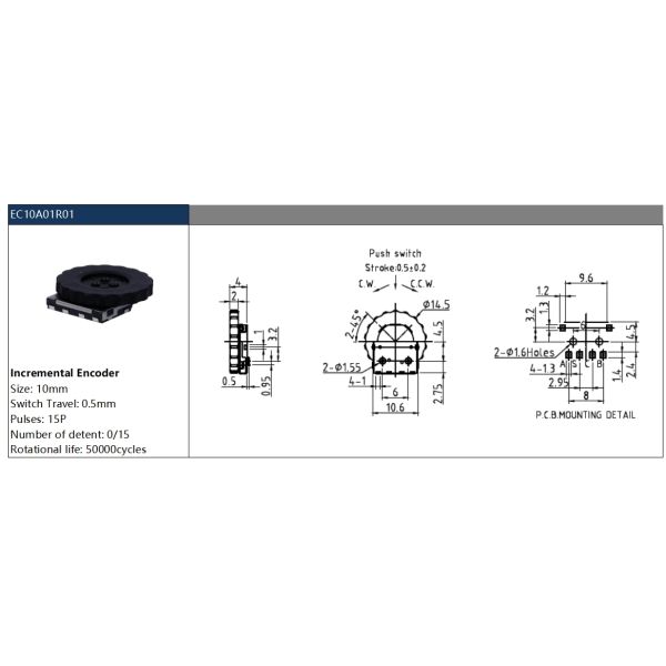 EC10 Series Incremental Encoder 10mm Miniature Rotary Encoder Pushable 15P