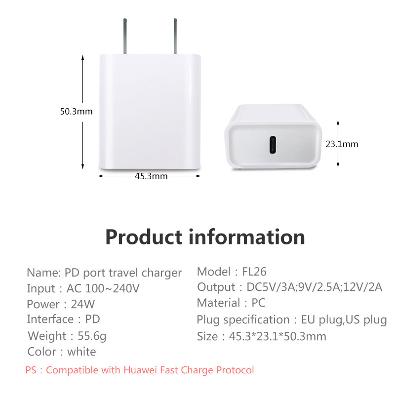 24W US PD TRAVEL CHARGER TYPE-C 28W FAST CHRGER for Macbook compatible with HUAWEI QUICK CHARGE QC3.0/QC2.0