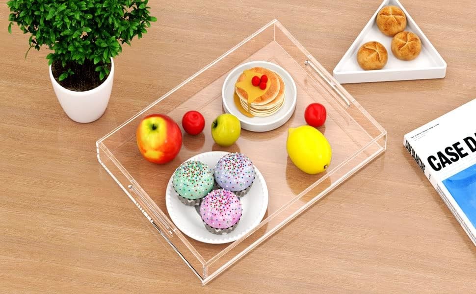 Clear Serving Tray Spill Proof- Acrylic Decorative Tray Organiser For Ottoman Coffee Table Countertop With Handles