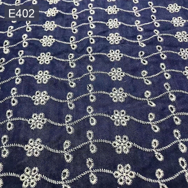 Blue Embroidery Pattern Knit Jean Denim Fabric 54.5" Stretch Denim Material
