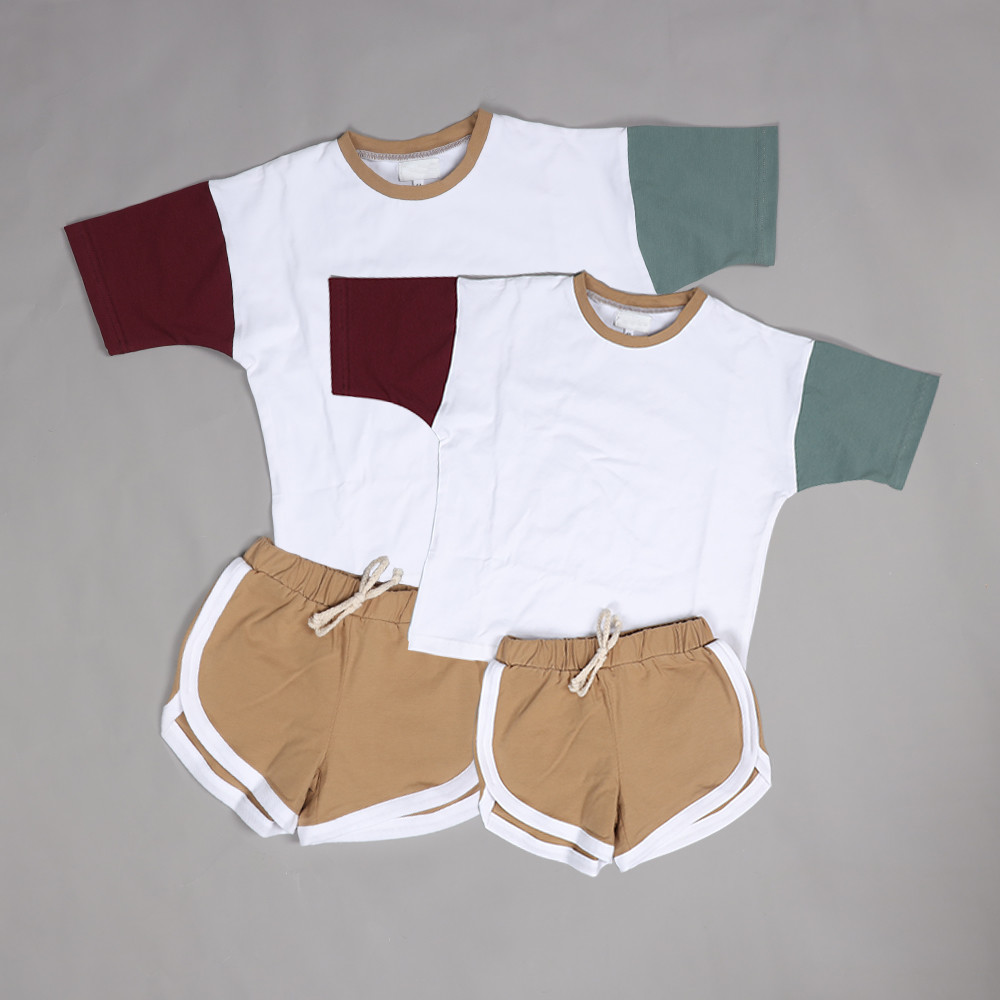 190gsm Patchwork Clothes 100% Cotton Unisex Kids Street Wear Color Matching Drop Shoulder T Shirts