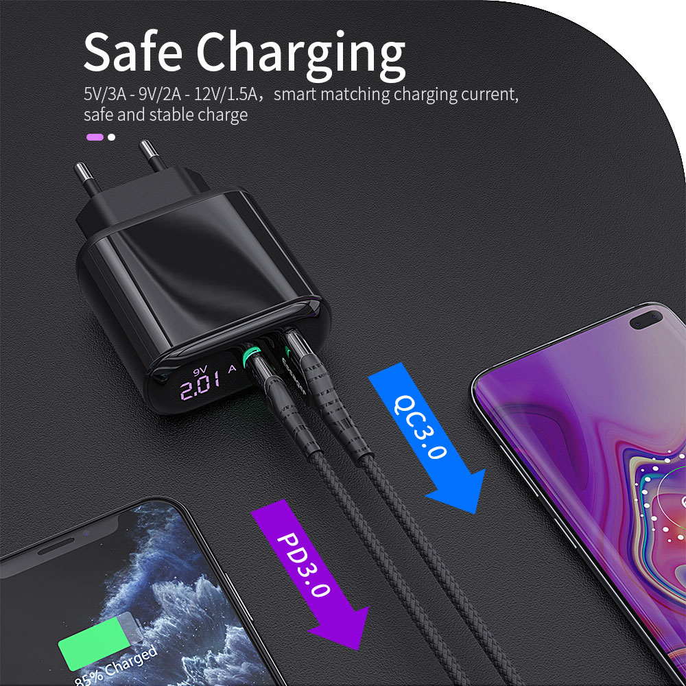 Essager 2021 Shining LED Display 3A Fast Charger USB Type Charger Cable USB PD QC3.0 Mobile Phone Charger