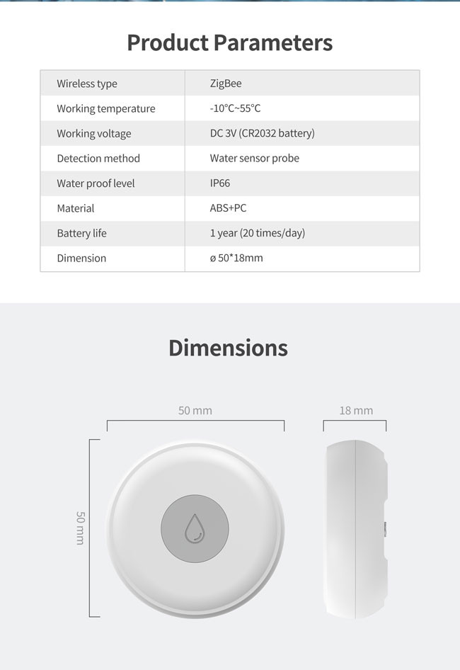 IP65 Waterproof Zigbee Water Sensor 2.4GHz Water Leak Sensor Home Assistant