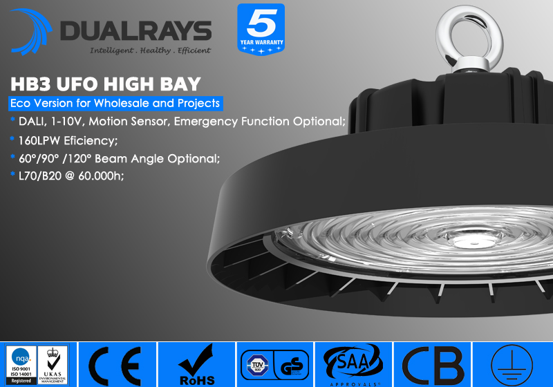 Dualrays Driver UFO LED High Bay Light OSRAM / CREE LEDs 1-10VDC DALI / PIR Sensor