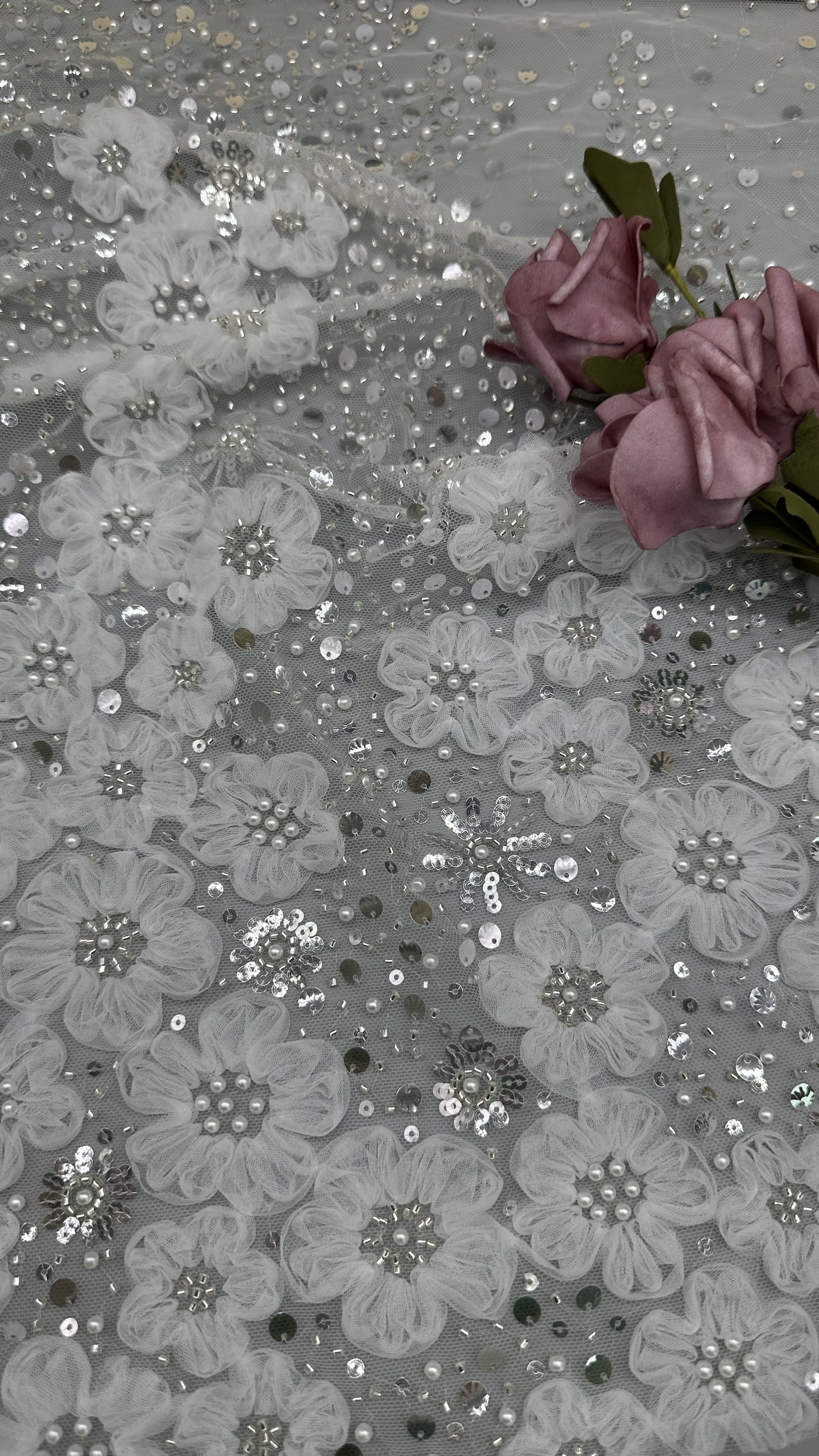 Polyester Beaded Embroidery Fabric Sequin Lace Spandex White 100% Embroidered Lace Fabric