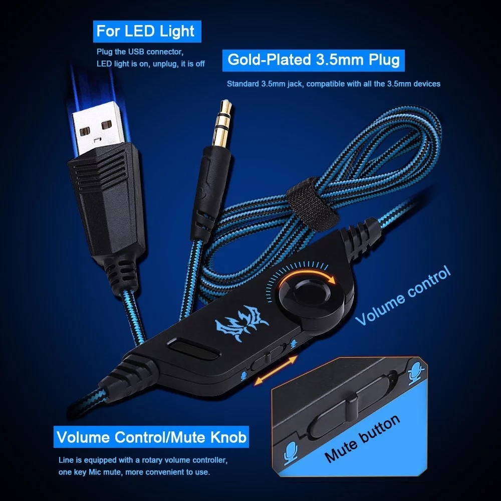 Computer Stereo Gaming Headphones Kotion EACH G2000 With Mic LED Light Earphone Over Ear Wired Headset For PC Game