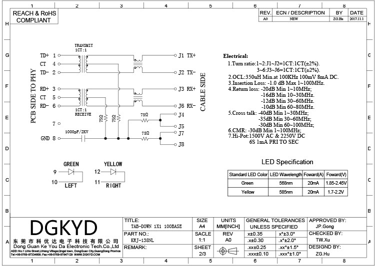 KRJ-138NL 10/100 RJ45 Ethernet Connector with transformer, EMI Magnetic Modular Jacks