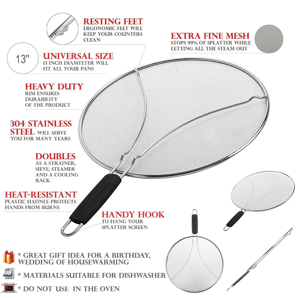 13" Grease Splatter Screen for Cooking with Heavy Duty Ultra Fine Mesh Plus Silicone Hot Handle Holder
