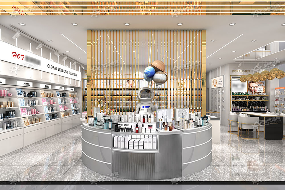 Cosmetic Store Design Gold Rush Series Case 85sqm Perfume Shop Rack for Skincare Store Decoration
