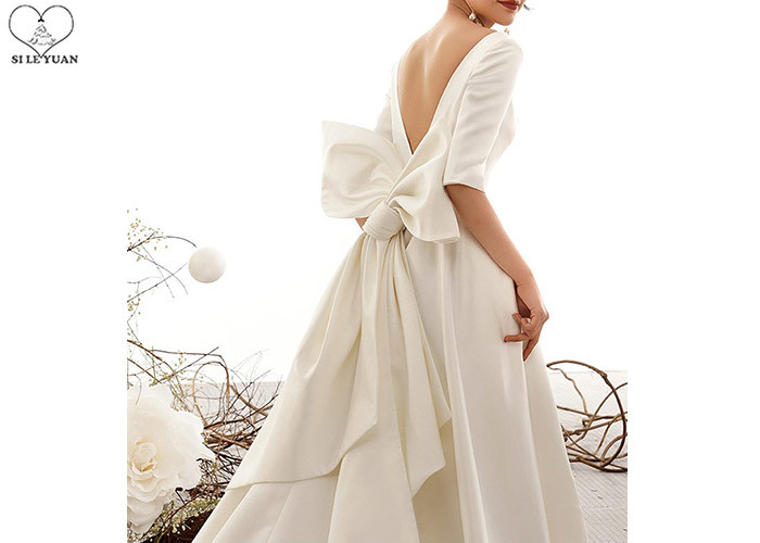 Ivory Plain Elegant Satin Wedding Gowns Half Sleeve Backless With Big Bow