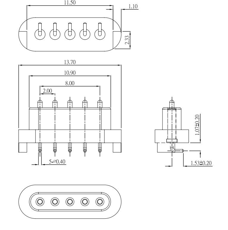 Male And Female Pogo Pin Connector 2.5mm Pitch Spring Loaded Pin Connector Right Angle