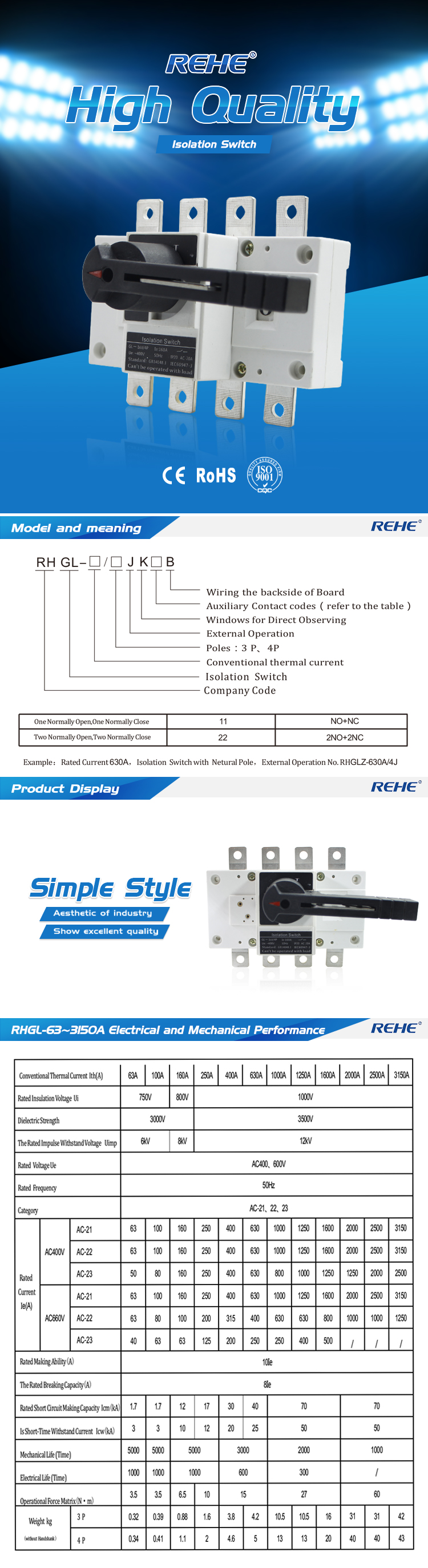 High Quality Cheap Price Isolation Switch for manual operation 4poles 100A