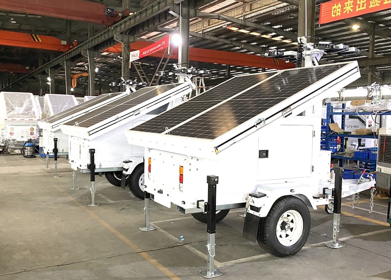 mobile solar trailer tower lighting-9m hydraulic mast-4x435 solar panels-8x200AH batteries