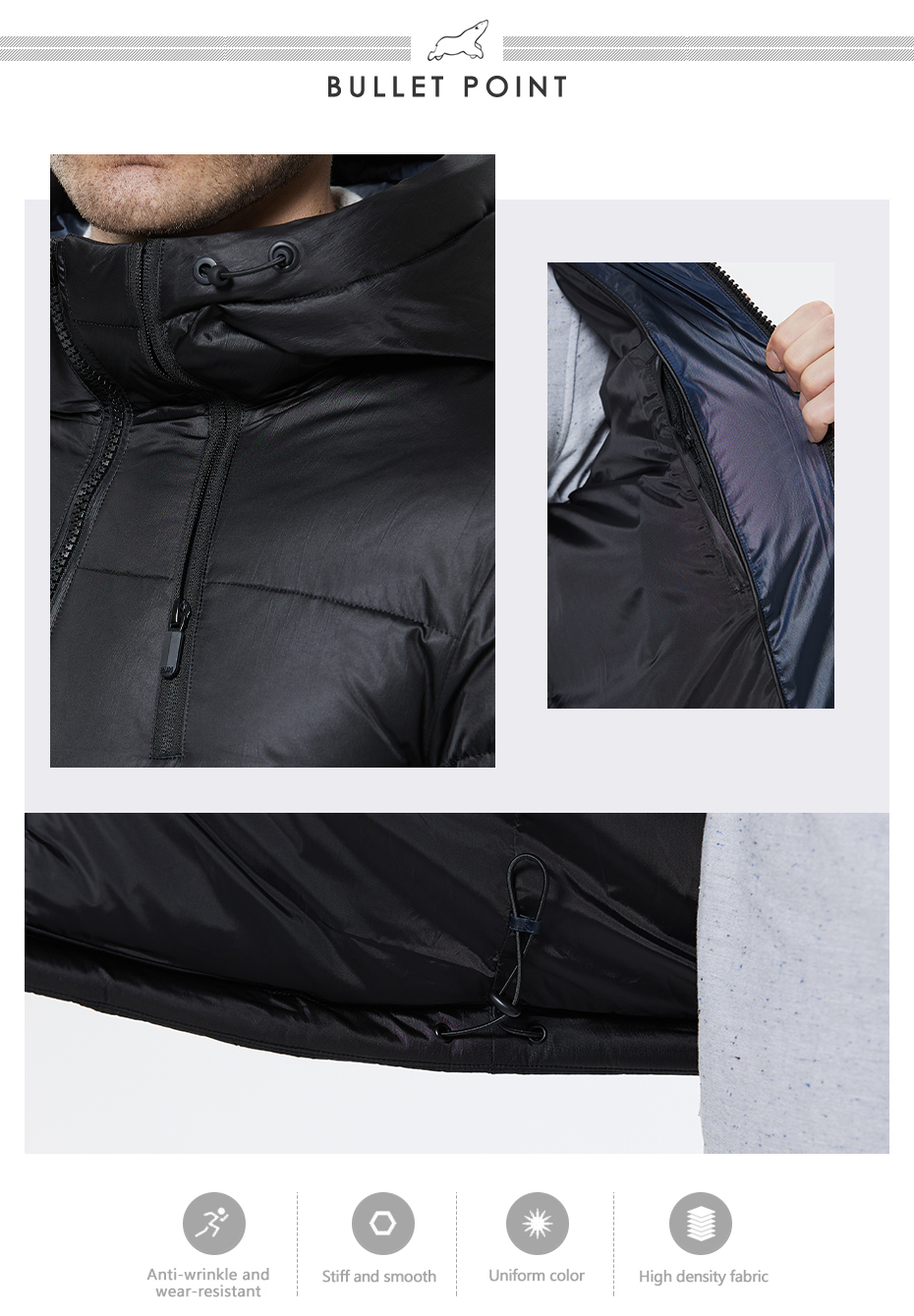 windproof and oil-proof high-tech fabric, no need to wash, eco-feather, dark- colour men's coat,
