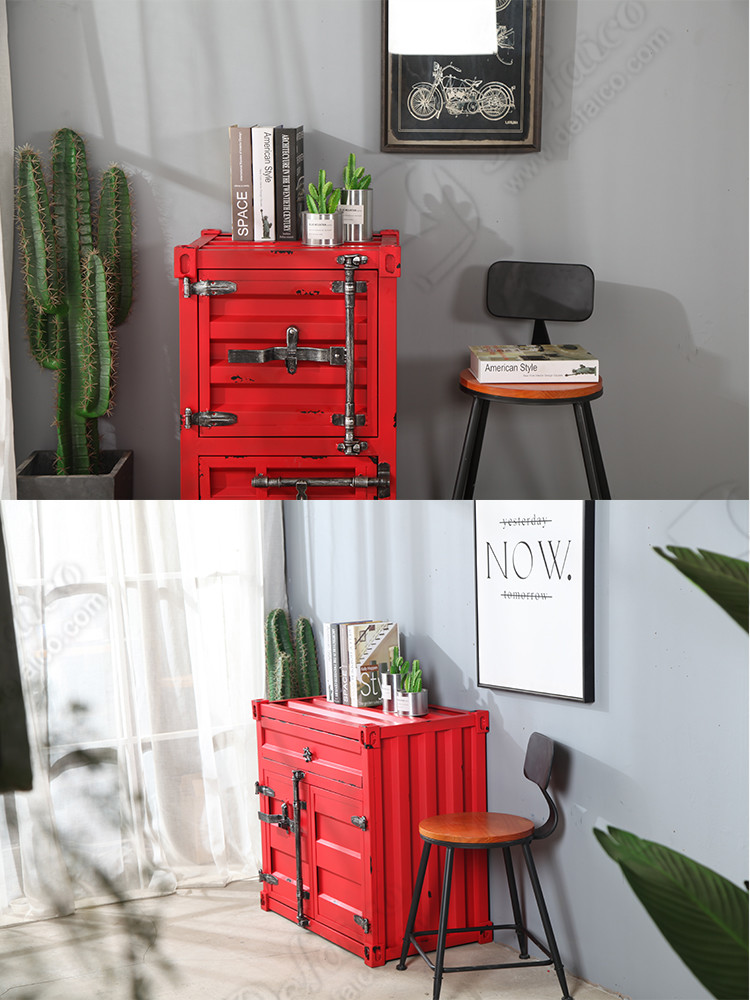 Red Metal Distressed Shipping Container Side Table With Drawers Living Room