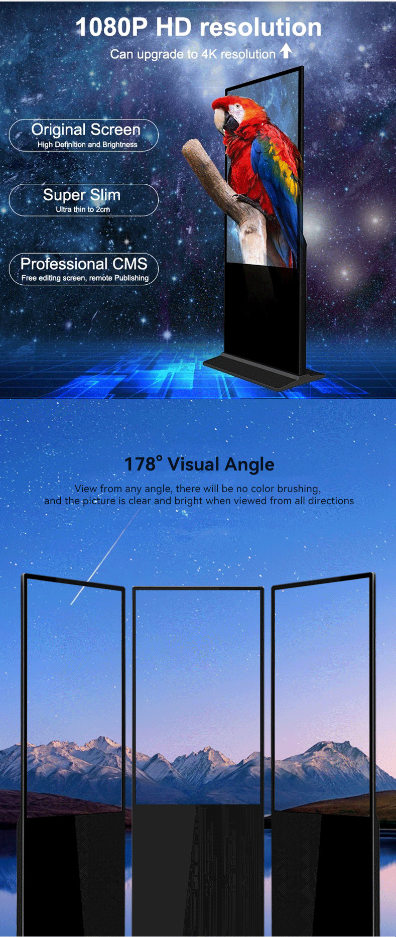 89 Visual Angle Floor Standing Digital Signage 1920 X 1080 Resolution 65''