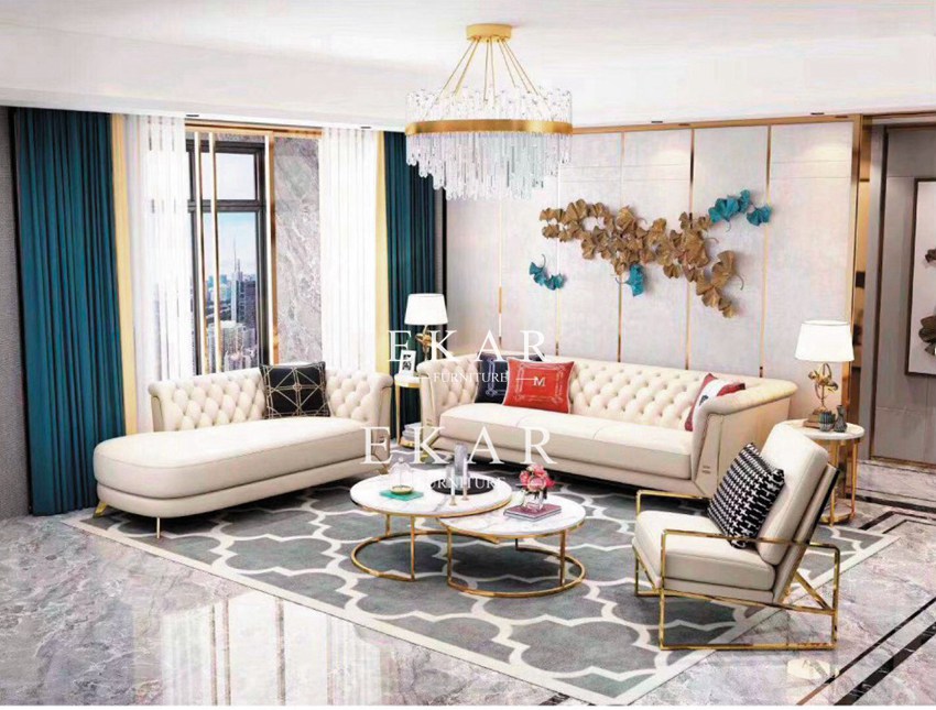 Modern Style Metal Legs Tufted Leather 3 Seater Sofa