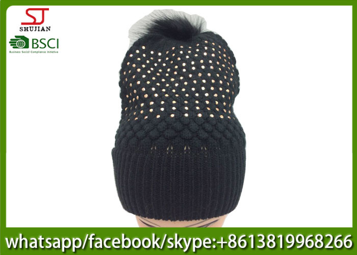 Chinese manufactuer free faux fur pompom knitting stripe hat cap patterns beanie 75g 18*24cm 100%Acrylic keep warm