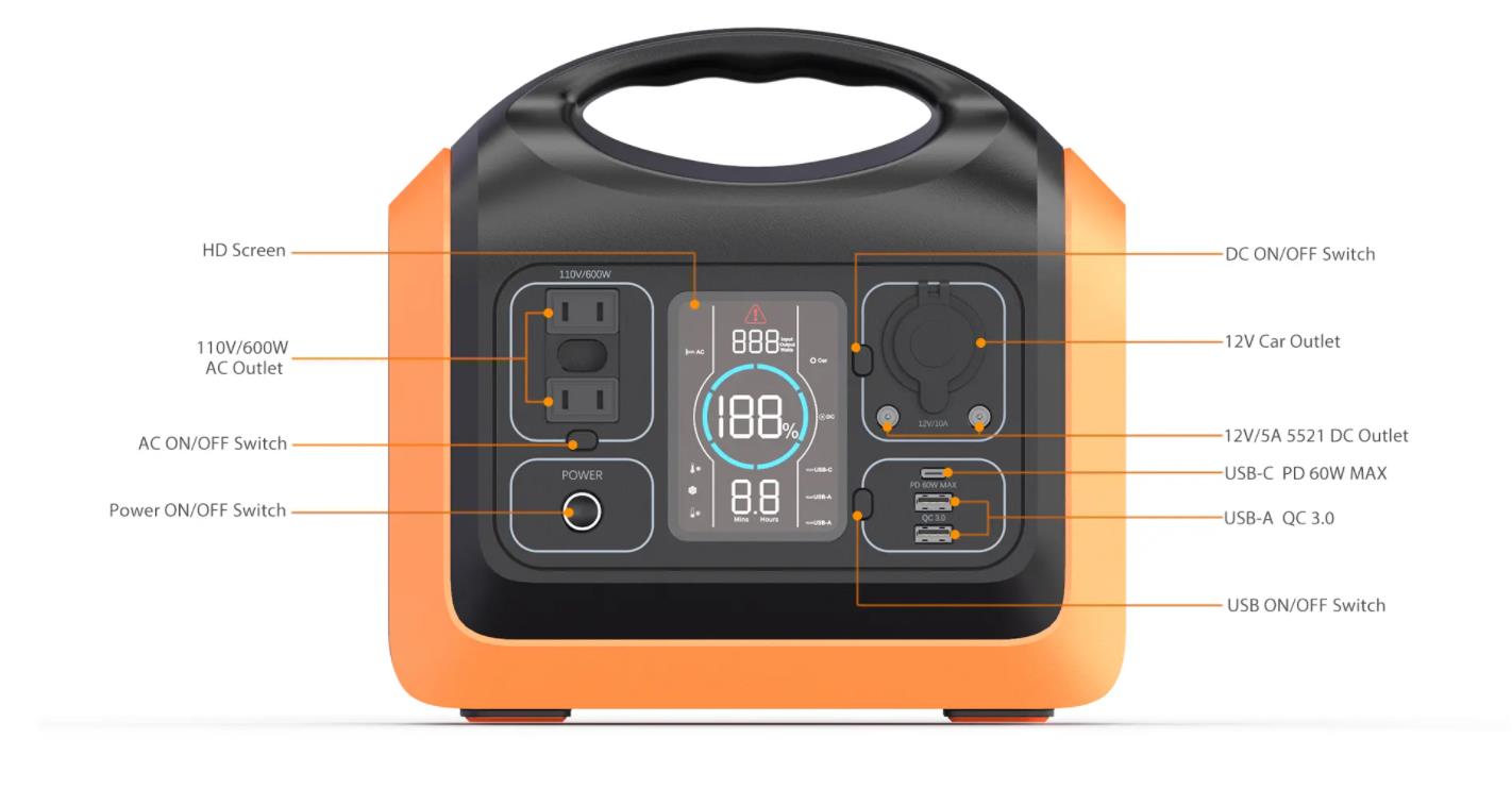 19.2V 595WH Lithium Battery Portable Solar Power Bank 110V 600W Pure Sine Wave AC Outlet