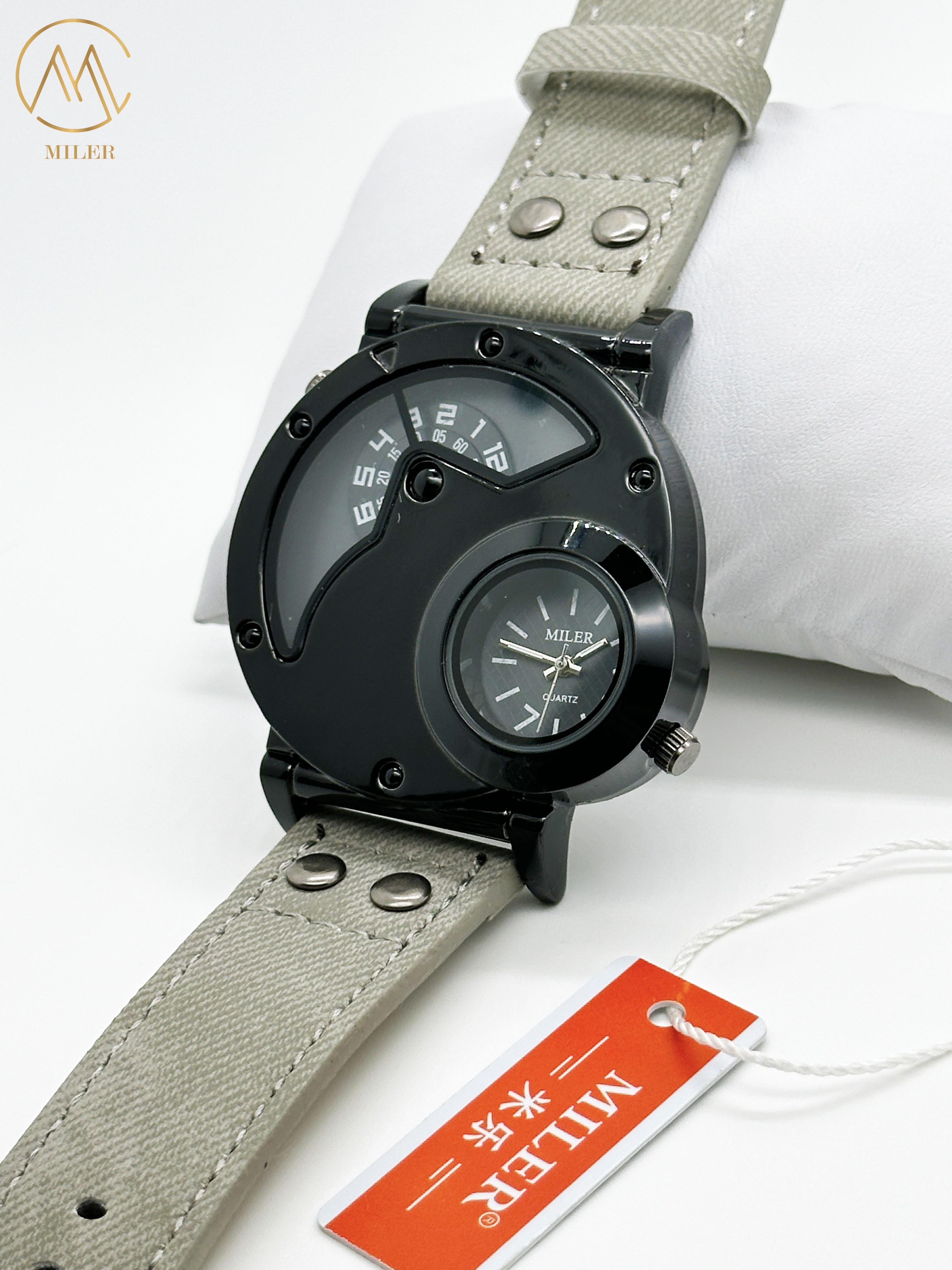 OEM Double Movement Mens Sports Watch With Denim Band Hook Buckle