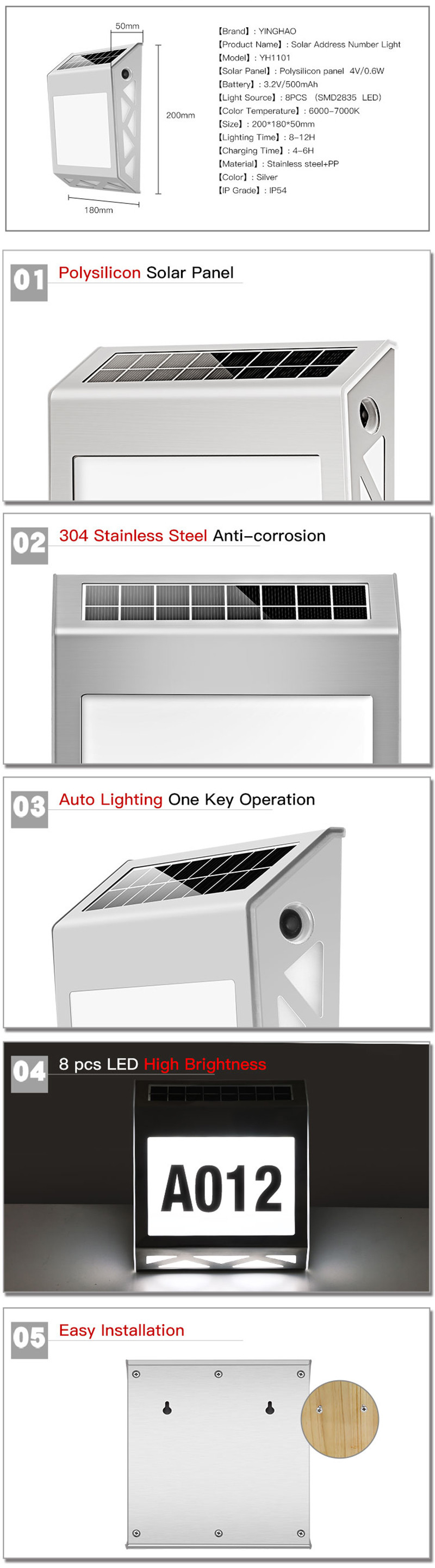 Waterproof 6000k Solar Address Sign Wall Light FCC 8pcs Led House Number Light