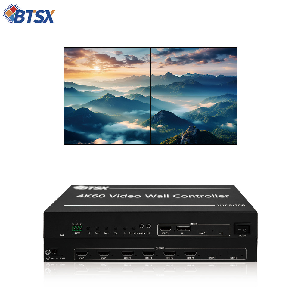 The BIT-VWC-106 is a professional 6-screen video wall processor supporting 3840x2400@60Hz and 5760x2160@30Hz, ideal for command centers, digital signage, and exhibitions.