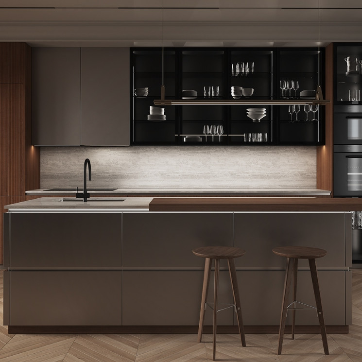 Contemporary Wood Grain Kitchen Set Furniture Cabinet And Stainless Steel Countertop For Apartment